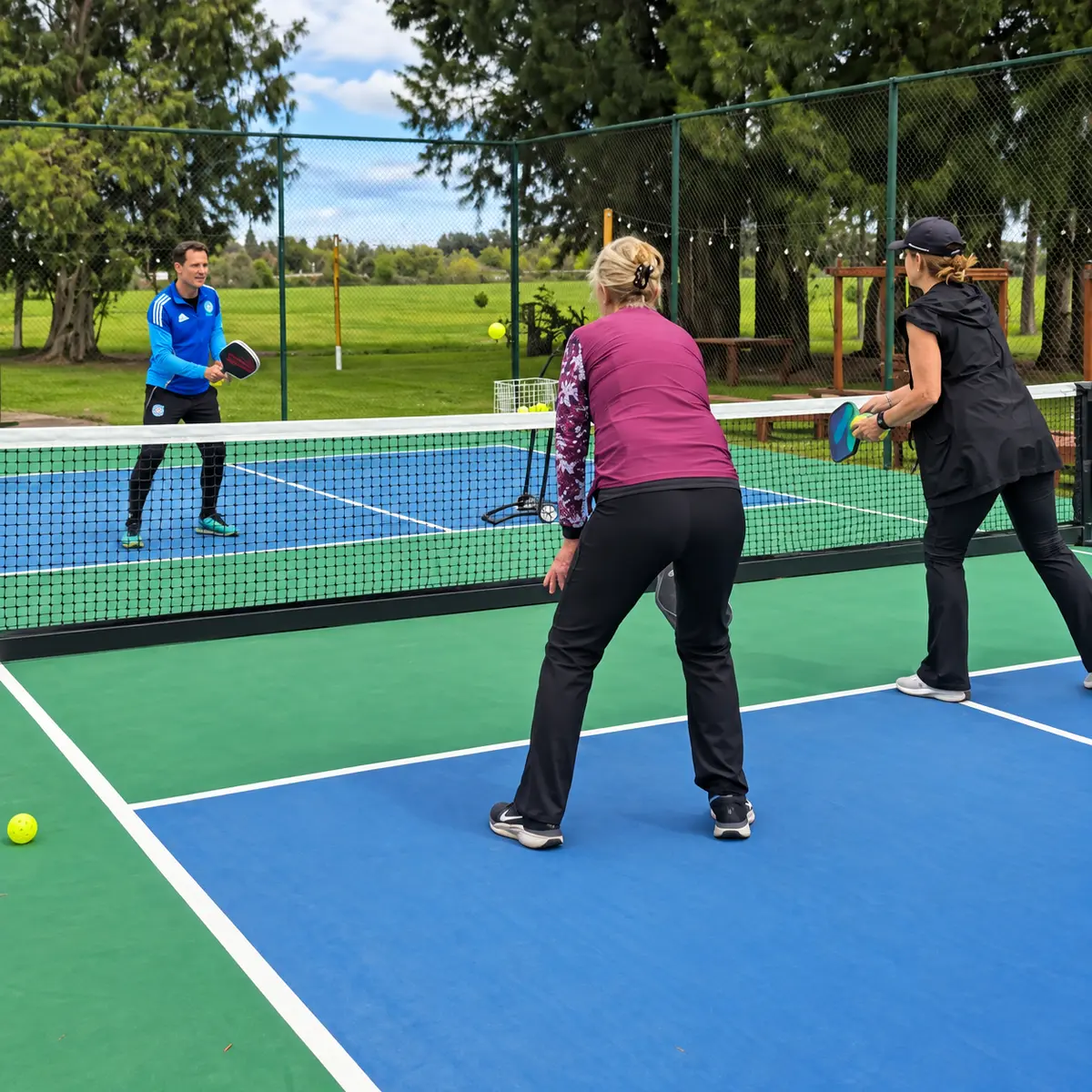 Clase grupal de pickleball en las canchas del club
